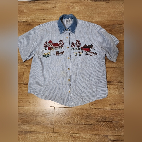 VINTAGE 80's Solutions Embroidered Barn Farm Striped DENIM SHIRT Women's L - Picture 1 of 6